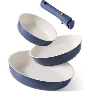CAROTE 4pcs Non Stick Frying Pans, 8"+10"+12 Frying Pan Egg Pan Omelet Pans with Detachable Handle, Nonstick Cookware, PFOA Free, Induction Compatible & Oven Safe, Dishwasher Safe, Blue