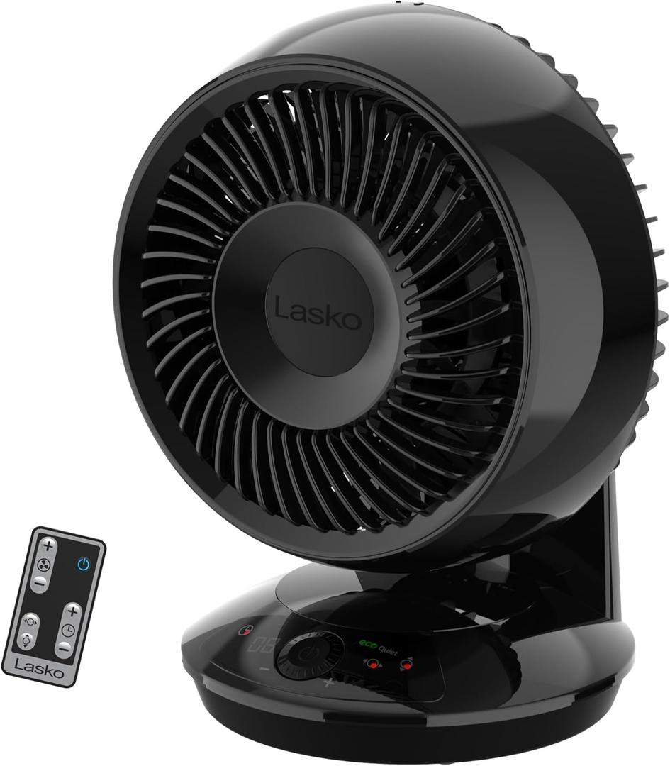 Lasko Whirlwind EcoQuiet Orbital Motion Air Circulator with DC Motor, 12 Speeds, Timer, Dark Mode, Remote Control for Small and Medium Sized Rooms, Black, A12668