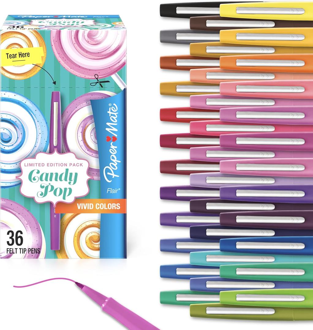 Paper Mate Flair Felt Tip Pens, Medium Point (0.7mm), Limited Edition Candy Pop Pack, 36 Count - Perfect for Teachers, Students, Expressive Writing, Drawing