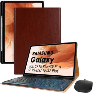 LAMA Backlit Keyboard Case with Mouse Set for 12.4 inch Samsung Galaxy Tab S9 FE Plus/S9 Plus/S8 Plus/S7 FE/S7 Plus, Detachable Keyboard with Slim Case & S Pen Holder for Samsung 12.4'', Brown