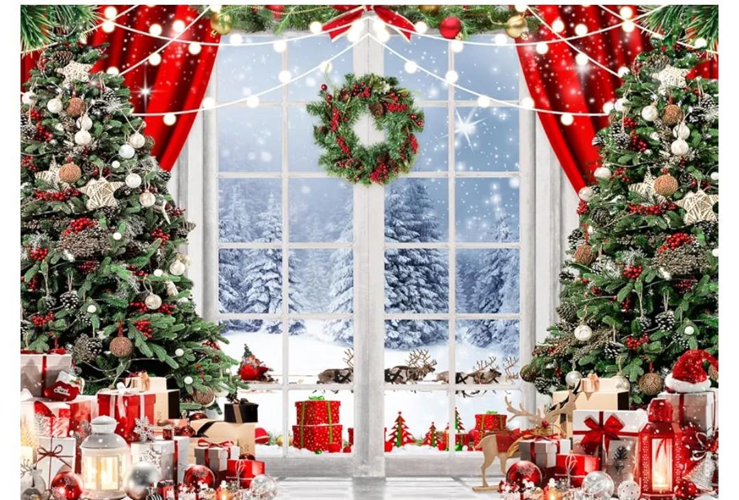 LYCGS 7X5ft Christmas Backdrop Winter Snow Scene Backdrop for Photography Christmas Window Background Xmas Tree & Party Decoration Banner X-171