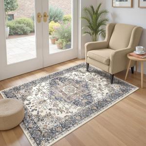 3x5 Washable Area Rugs for Living Room: Non Slip Vintage Beige Blue Rug, Large Soft Stain Resistant Indoor Floor Carpets for Bedroom Dining Room Nursery Home Office Kid & Pet Friendly