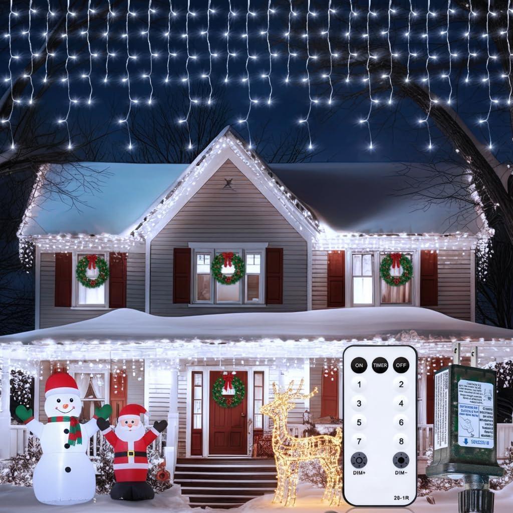 Minetom Icicle Lights for Outside, 100Ft 832 LED White Christmas Lights with 156 Drops, Outdoor Icicle Christmas Light with Remote and Timer for House Roof, Pure White