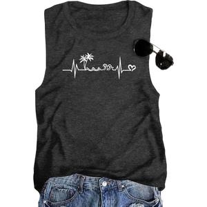 Women's Palm Tree Heartbeat Graphic Tank Tops Summer Casual Sleeveless Loose Fit Workout Shirts Beach Vacation Tops(Black1-S) (S)