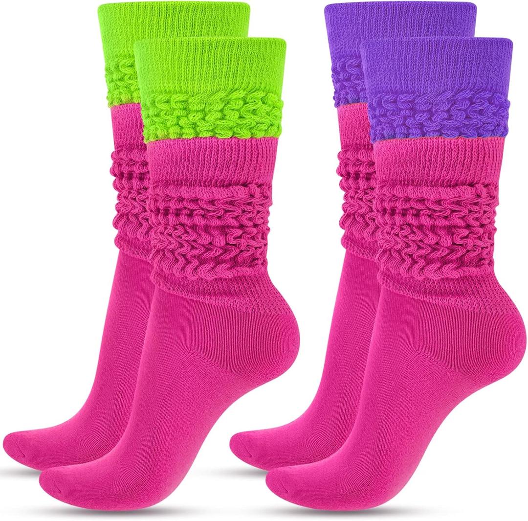 JenPen 2 Pairs Neon Slouch Socks for Women 80s 90s Scrunch Socks Soft Extra Long Size 9 to 10 (Medium-Large, Rose Red, Fluorescent Green, Purple)