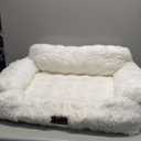 Small Dog Sofa - Orthopedic Cat Sofa Bed for Indoor Cats, Fluffy Faux Fur Dog Couch with Supportive Egg Foam, Cute Pet Couch Bed Removable Washable Cover and Non-Slip Bottom, Ivory White