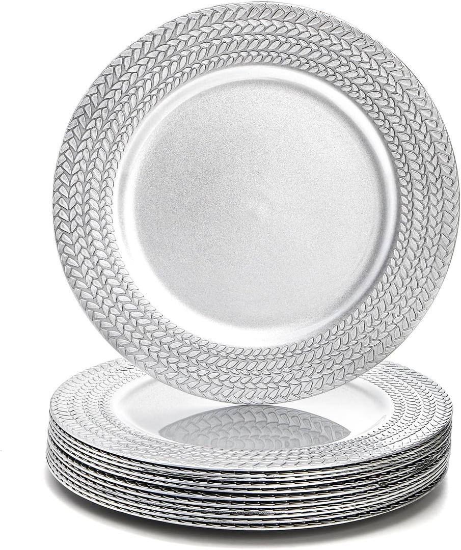 SOUJOY 12 Pack Silver Charger Plates, 13 Inch Plastic Dinner Plate, Leaf Trim Antique Charger Plate for Weddings, Parties, Anniversary, Thanksgiving, Christmas