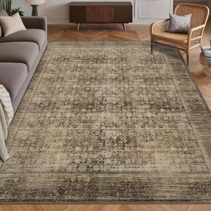Washable Area Rug 8' x 10' Vintage Traditional Persian Mat - Foldable Distressed Non-Slip Machine Washable Carpet for Living Room Bedroom Kitchen Home Decor - Mocha and Taupe