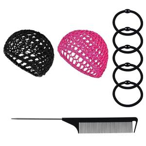 Hair Net, Bonnet, Crochet Mesh Wrap Caps, with Black Hair Ties and Comb for Bonnet for Hair Nets for Sleeping, Makeup, Women's Ballet, Reusable (Black + Purple, 7.48x5.91 in)