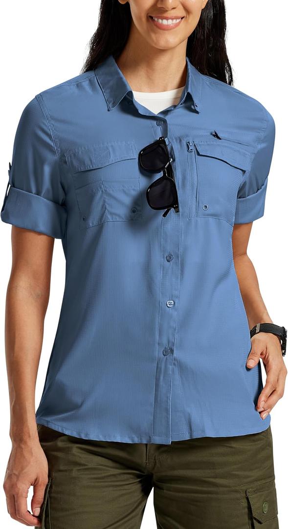 MoFiz Women's UPF 50 Long Sleeve UV Sun Protection Safari Shirts Outdoor Lightweight Quick Dry Fishing Hiking Travel Shirts Gray Blue L (Blue, L)
