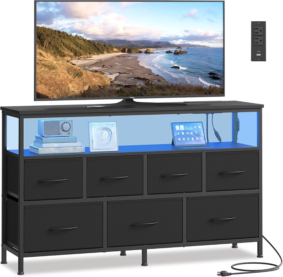 SONGMICS BELLAH Collection - Dresser for Bedroom with App-Controlled LED Lights and Charging Station, Chest of Drawers, TV Stand, 7 Drawers, Shelf, Modern, Ink Black ULGS733BH02S