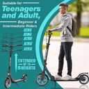 Big Wheels Kick Scooter for Kids Ages 6+, Teens and Adults, Max Load 300 LBS, Foldable - 2-Wheel Commuter Adult Scooters with Hand Brake & Shock Absorption, Adjustable Handlebar, Bearing ABEC9