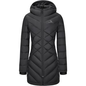 CAMELSPORTS Women's Down Jacket Hooded Windproof Puffer Coat Packable Warm Winter Jacket Lightweight Ladies Parka (Large, Black Long)