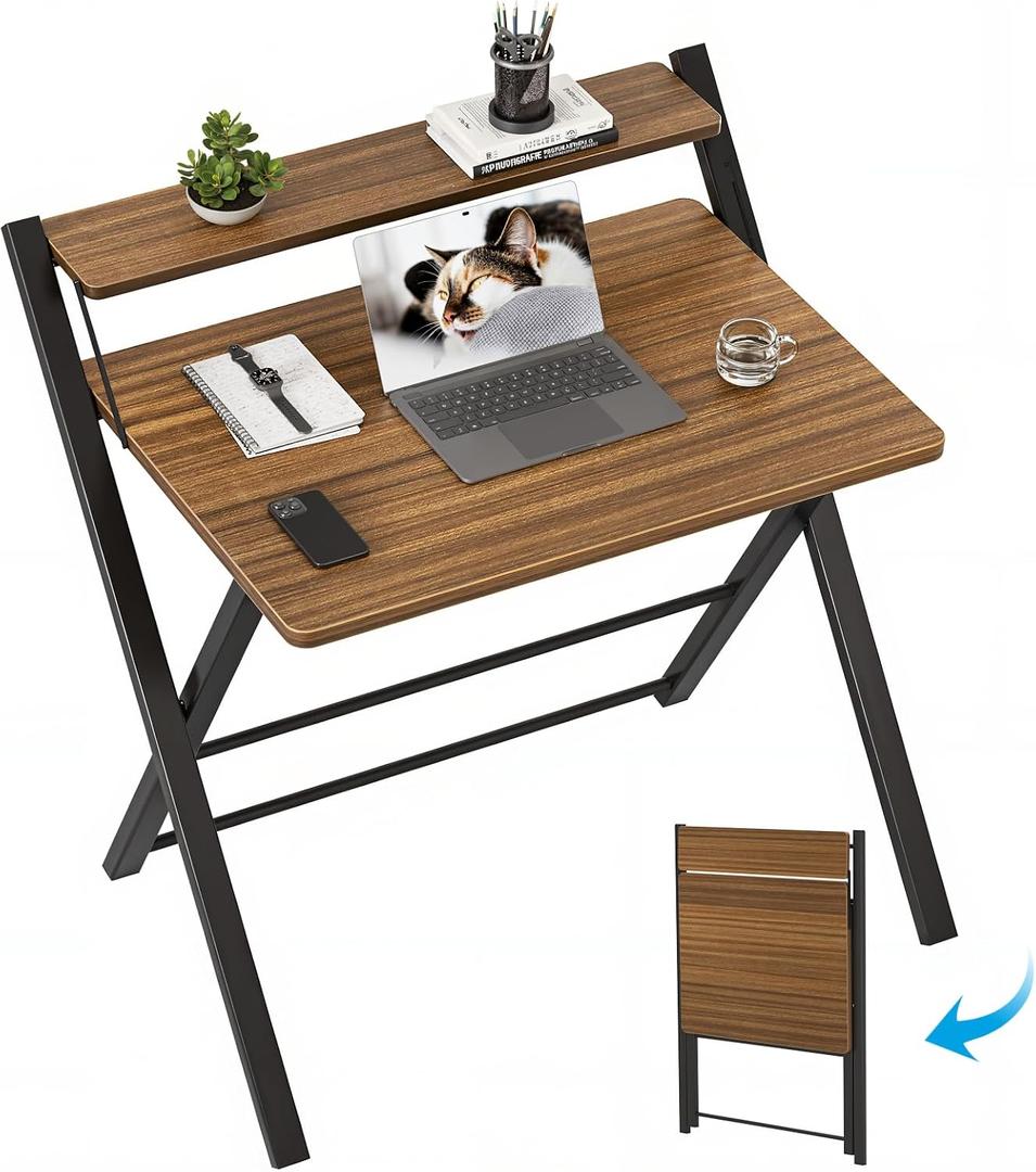 GreenForest No Assembly Folding Desk, 2-Tier Compact Computer Desk with Shelf, 30 inch Space Saving Foldable Table for Home Office, Dorm or Apartment, Portable Collapsible Sturdy Laptop Desk, Espresso, 24.5 x 30 inch