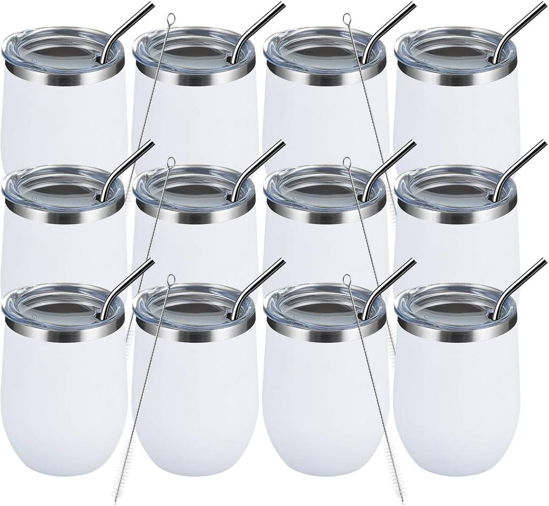 MEWAY 12 OZ/12 Pack Wine Tumbler Glasses with Lid -Double Wall Vacuum Stainless Steel Travel Tumbler Mug,Stemless Insulated Wine Cup for,Coffee,Cocktails,Gifts (White,Set of 12)