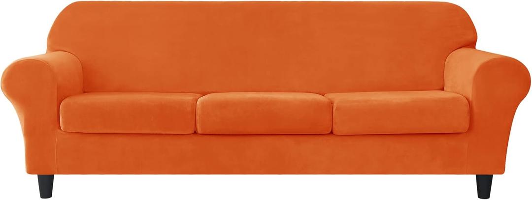 CONRUSER Stretch Sofa Slipcover, Soft Velvet Sofa Covers for 3 Cushion Couch Thick Furniture Protector for Pets & Kids (Orange, L)