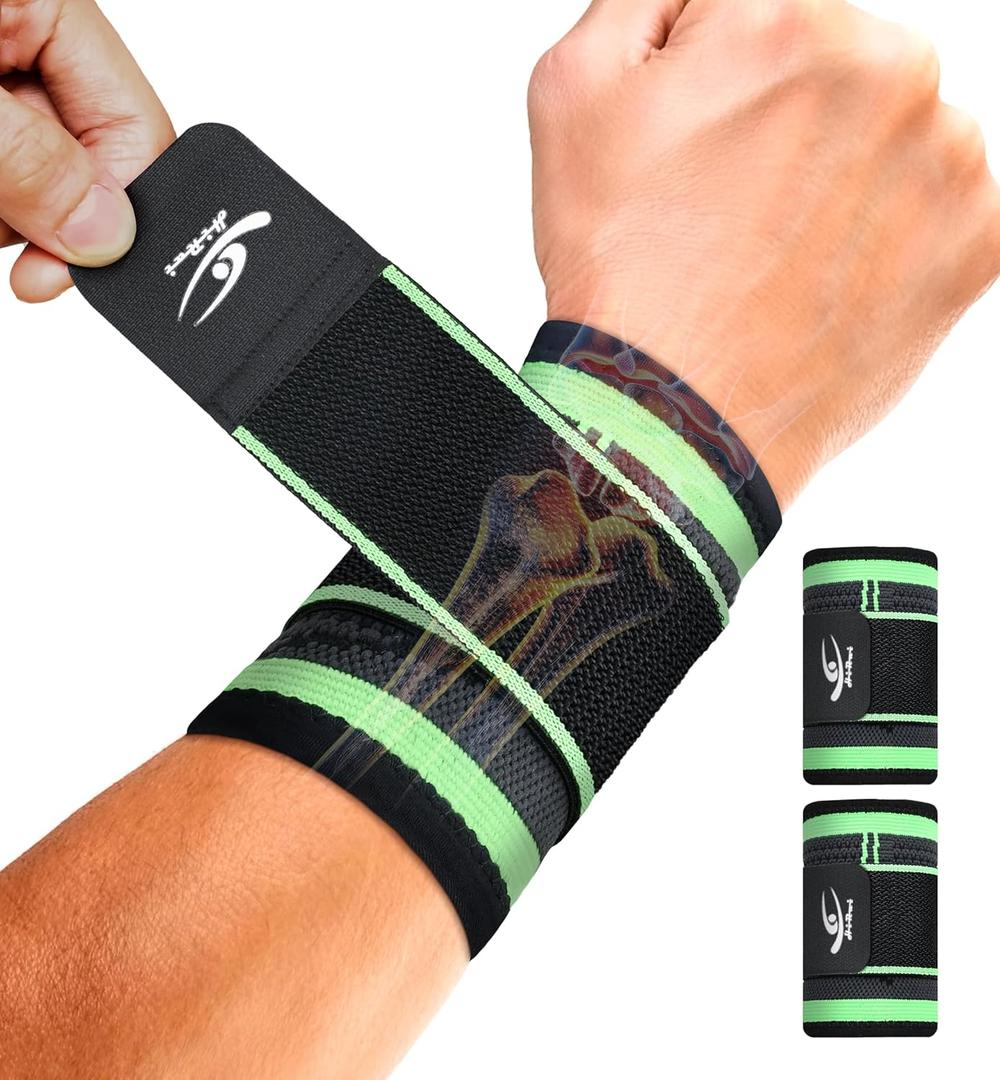 HiRui Wrist Brace Wrist Wraps Compression Wrist Strap, Wrist Support for Work Fitness Weightlifting Sprains Tendonitis, Carpal Tunnel Arthritis, Pain Relief, Adjustable Wristbands 2 PACK (Green, M)