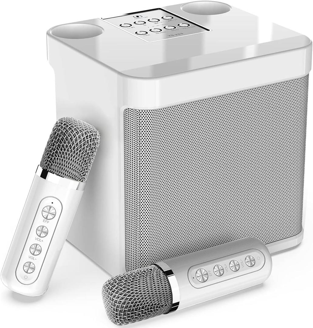 Flyasny Karaoke Machine for Adults and Kids, Portable Bluetooth Karaoke Speaker with 2 Wireless Microphones for TV, Singing Karaoke for Home Party, Great Gifts for Boys and Girls (White)