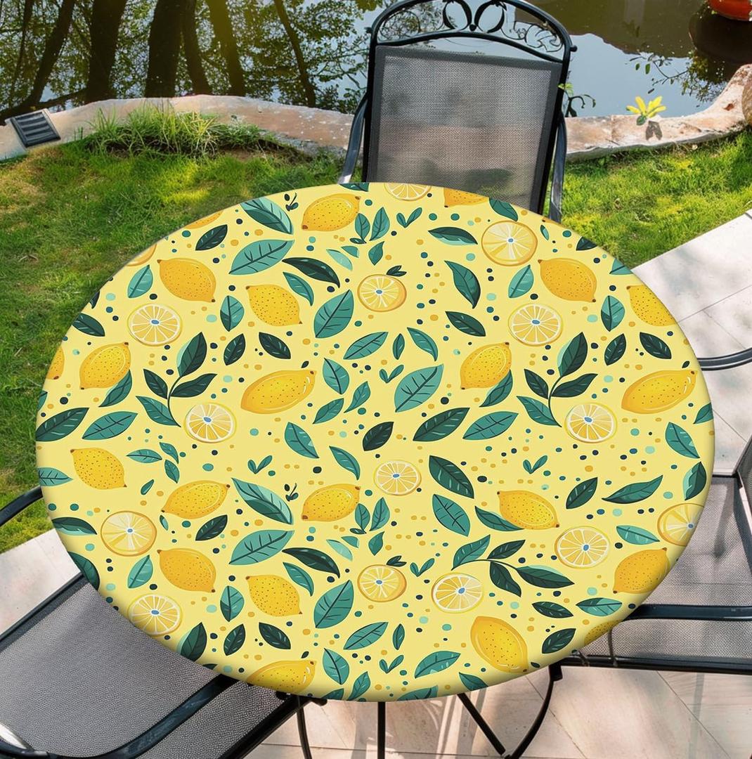 Waterproof Tablecloth with Elastic Tablecloth for Round Tables 36"-70" for Indoor Outdoor Patio Use, 36Inch, Lemon