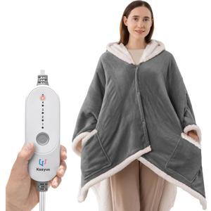 Wearable Heated Throw Blanket, Heated Shawl Electric Wrap Poncho with Hood & Pockets for Women & Men, 5 Heat Settings, 3H Auto-Off, Machine Washable, ETL Certified, Gift-Ready, 56x63, Light Grey
