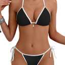 Tainehs Women's Sexy Halter Bikini Set Triangle Top String Swimwear Two Piece Swimsuits Cheeky Bathing Suit (Medium, Black&white 1)