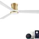 52in Wood Ceiling Fans with Lights Remote,Smart Low Profile Flush Mount Ceiling Fan Controlled via Alexa App,Quiet DC Motor,for Modern Bedroom Patio Porch,3 Blade,White and Gold,Outdoor Indoor Use