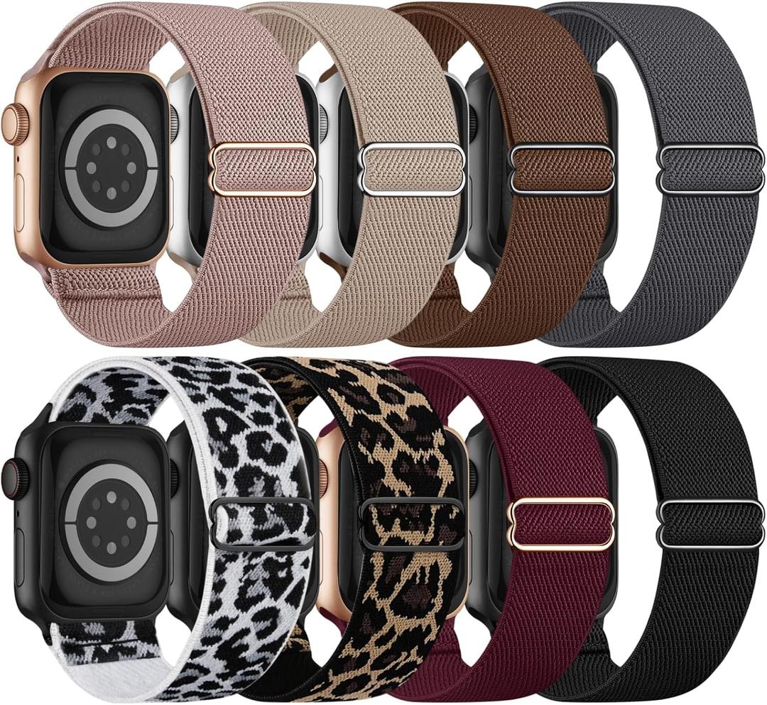 8 Pack Stretchy Solo Loop Band Compatible with Apple Watch Bands for Women Men 40mm 38mm 41mm 42mm 44mm 45mm 46mm 49mm, Nylon Braided Strap for iWatch Series 11 10 9 8 7 6 SE 5 4 3 Ultra 3 Ultra 2 (Leopard/Black/Brown/Pink/Milk Tea/Gray/Wine/White Leopard)
