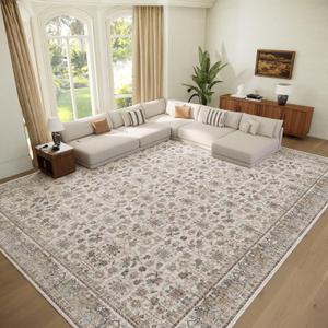 Washable 10x14 Area Rugs for Living Room, Boho Non-Slip Vintage Distress Large Rugs for Bedroom Dining Room Office, 0.3" Neutral Oriental Throw Thin Carpet,Cream/Blue/Orange/Multi,A2
