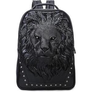 Berchirly Men Pu Leather Lion Head Backpack Women Fashion Casual Travel Hiking Daypack Laptop Bag Backpacks (Black)