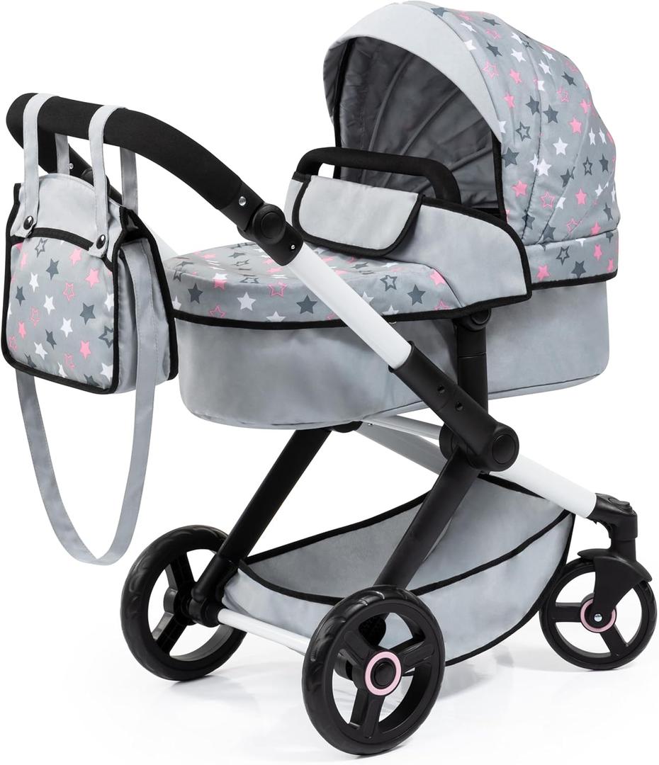Bayer Design Dolls: Pram Xeo - Grey, Pink, Stars - Includes Shoulder Bag, Fits Dolls Up to 18', Convertible to A Pushchair, Adjustable Handle & Swivel Front Wheels, Accessory for -Plush Toys, Ages 3+