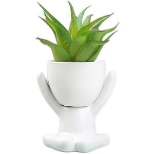 DIYOMR Cute Humanoid Ceramic Planter Pot, 3.7” Tall White Doll Small Succulent Bonsai Pots Cactus Container Creat Design for Home Office Desktop Decor, Not Include Plants (White A)