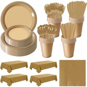 Disposable Plastic Dinnerware Set-484PCS Plastic Plates Set Includes 60 Of Each Dinner Dessert Plates, Cups, straws, Spoons, Forks & Knives for Party (Gold, 484PCS60 Guests) Disposable Plastic Dinnerware Set-484PCS Plastic Plates Set Includes 60 Of Each Dinner Dessert Plates, Cups, straws, Spoons, Forks & Knives for Party (Gold, 484PCS60 Guests)