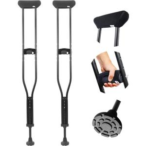 KMINA Underarm Crutches for Adults with Padded Handle (x2 Units, Size M), Height Adjustable, Women and Men, Aluminium, Made in Europe, Black