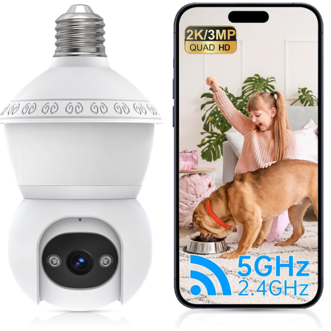 Light Bulb Security Camera, 2.4G/5GHz WiFi 2K Security Cameras Wireless Outdoor Indoor,Bulb Cameras for Home Security,AI Human Detection,Siren Alarm,2 Way Talk,Color Night Vision,Compatible with Alexa