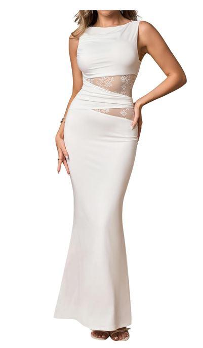 EYNMIN Lace Long Formal Wedding Guest Dress Cut Out Boat Neck Sleeveless Ruched Bodycon Maxi Dresses for Women, (No Size)