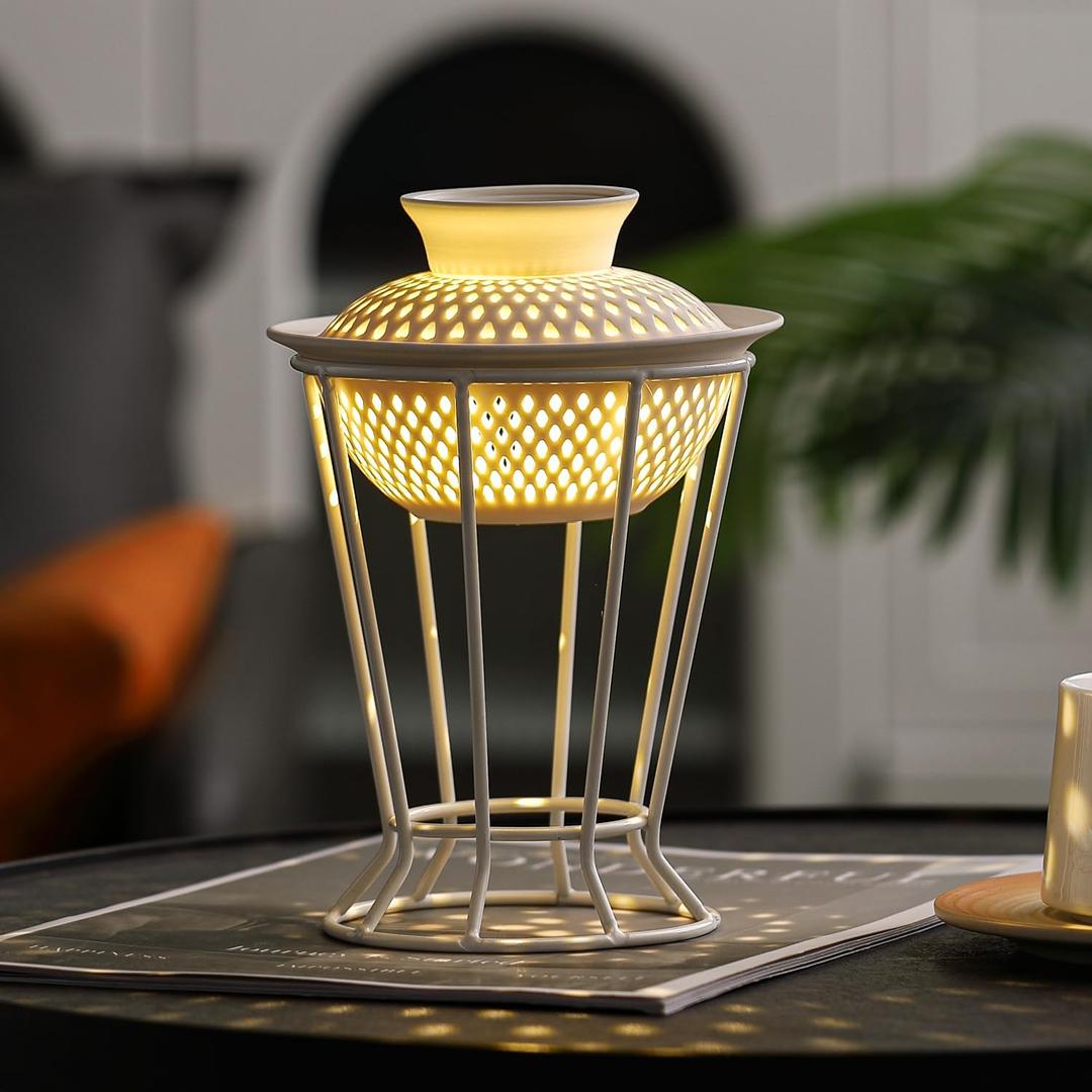 Ceramic Oil Burner with White Iron Stand and 10 Tea Light Candles, Aromatherapy Diffuser Set for Home Essential Oil Fragrance & Candle Holder