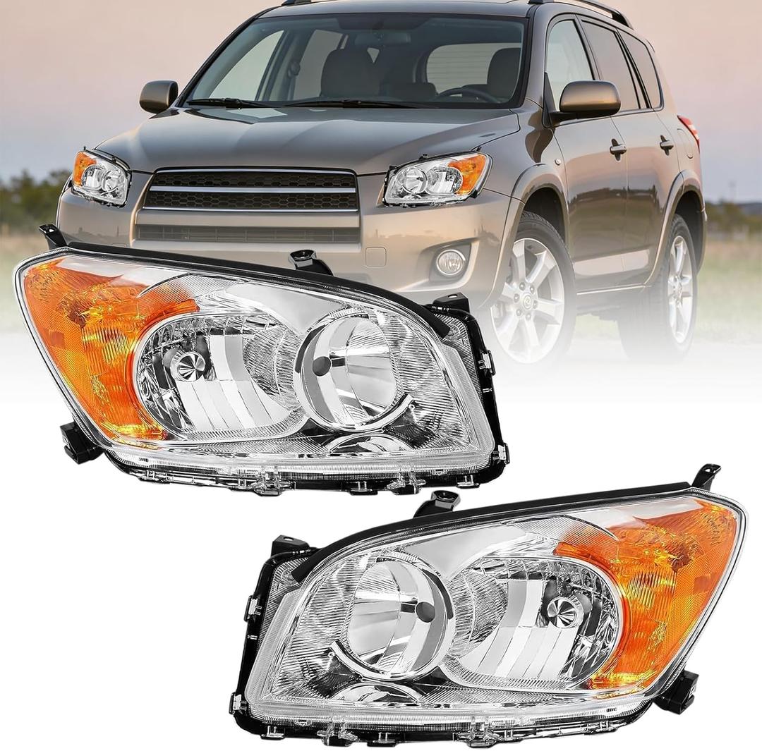 Headlight Assembly for Toyota 2009 2010 2011 2012 RAV4 Pair - Chrome Housing with Amber Lamps - Complete Set - Driver and Passenger Side