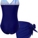 Funnycokid Girls One Piece Swimsuit Color Block Teen Bathing Suit with Pad Cover Up Skirt(7-16Y)