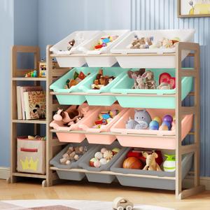 Toy Storage Organizer - Toy Organizers and Storage with Bookshelf, Toy Storage Shelf with 3 Shelves and 12 Storage Bins, Kids Bookshelf and Toy Storage for Kids Room, Playroom, Nursery, Multi color, 42.2 inches x 11 inches x 31.5 inches