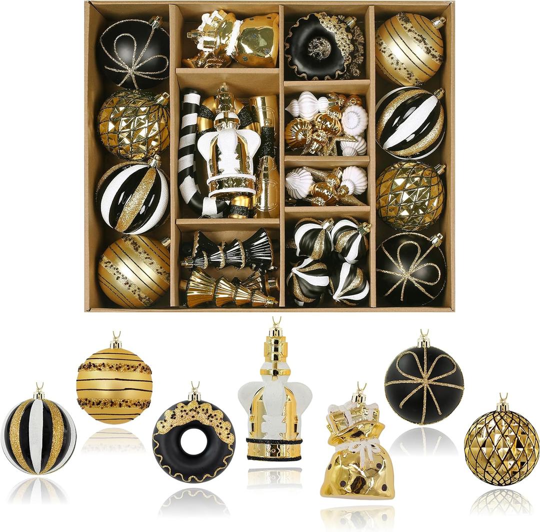 SHareconn 70pcs Christmas Balls Ornaments Set, Shatterproof Plastic Baubles for Xmas Tree Holiday Wedding Party Decorations with Hanging Strings, Black, White and Gold
