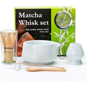 Accguan Matcha Whisk Set, 7pcs - Bamboo & Ceramic, Includes 19 oz Bowl, Whisk, Spoons, Holder, Sifter & More - Perfect for Matcha Lovers (White)