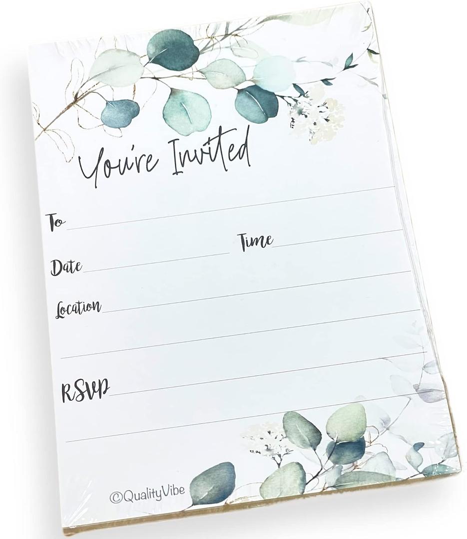25 Greenery Eucalyptus Invitations With Envelopes – "You're Invited" Cards For Weddings, Engagements, Anniversaries, Retirements, And Housewarming Parties. Thick, Non-Coated Cardstock – Suitable For Use With Any Pen