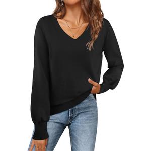MEROKEETY Women's 2025 Fall Long Sleeve Sweater V Neck Winter Tops Casual Lightweight Knit Pullover Shirts (X-Large, Black)