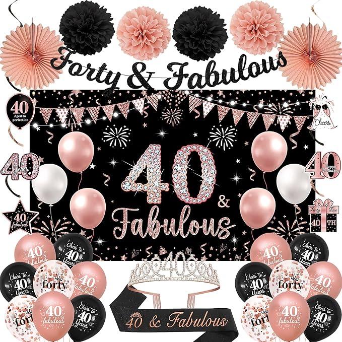 Vlipoeasn 42PCS 40th Birthday Decorations for Women, Black Rose Gold 40th Birthday Backdrop Banner Crown & Sash for Party, 40 Years Old Birthday Party Supplies