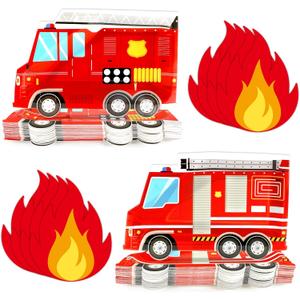 100Pcs Firetruck Birthday Party Plates and Fire Shaped Napkins Fireman Party Supplies Firefighter Disposable Paper Dinnerware Firetruck Tableware Set for Flame Birthday Baby Shower Decor