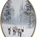 LKETW Winter Reindeer Oval Wall Art Decor, Rustic Winter Elk Deer Oval Canvas Hanging Decor, Retro Farmhouse Forest Reindeer Wall Decorations for Home Living Room Bedroom, 8.6x11.4 Inch