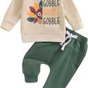 FIOMVA Toddler Baby Girl Boy Thanksgiving Outfits, Long Sleeve Turkey Sweatshirt Top+Pant Clothes Set (Thanksgiving Gobble Beige, 6-12 Months)