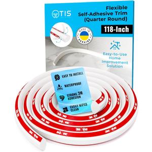 TIS Peel and Stick Trim Molding with 3M Tape  118 Inch White Flexible PVC Trim, Corner Molding Trim Peel and Stick, Flexible Quarter Round Molding for Floor Trim and Edges
