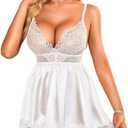 RSLOVE Womens Lingerie Lace Babydoll - Satin Nightgown Sexy Nightwear 3 Piece V Neck Sleepwear Mesh Chemise with Mask Size M