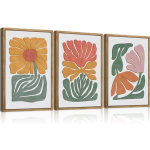 Large Abstract Boho Floral Wall Art Set Colorful Botanical Wood Wall Decor Modern Mid Century Artwork Neutral Bohemian Art Decor for Living Room Bedroom Office-16x24Inch x3